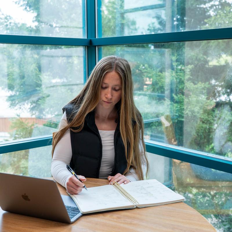 History student doing homework at the library